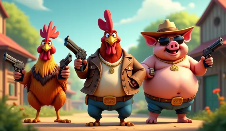 an angry hen with a colt-1911 and firing, a muscular and happy rooster with a shotgun and he wear a cowboy jacket, a fat happy pig with a cowboy hat and cowboy shoes and sunglass and a necklace with a golden dollar sign on it and with a shotgun, the enviro...