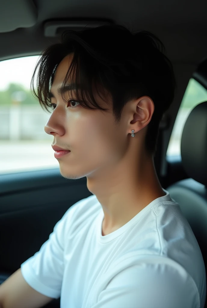 Side face image of a singaporen boy in the back seat of car, till waist, wearing white t shirt, piercing in ear, fair skin, smooth skin, beautiful, attractive, age of 22, 1:1, HDR, realistic, long hair but but cool bangs covering forehead, face us not visi...