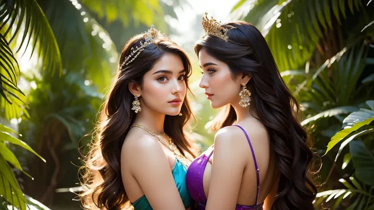 Mysterious and fascinating, Has an otherworldly beauty, An elfin Indian princess and her maid are deeply in love with each other, Kiss, Her features are delicate and unusual, Large, Captivating eyes that glow from within. Iridescent skin glows with hues of...