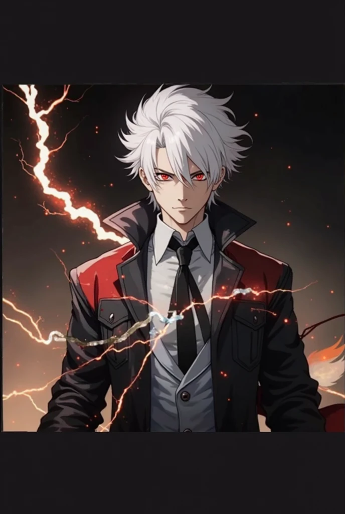 Man with white hair and red eyes murderer with a cold expression and electricity passing through his own body 