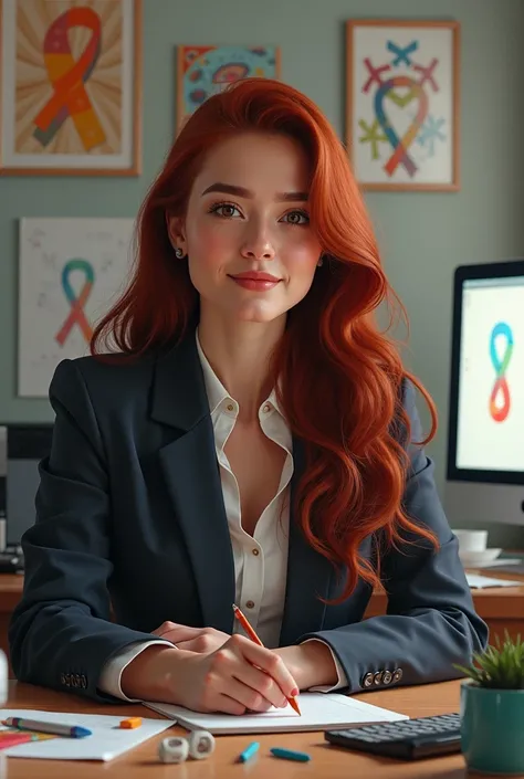 image of a woman with dark red hair ,  brown eyes , 35 years old, working in an office, with various autism symbols and colors  .
