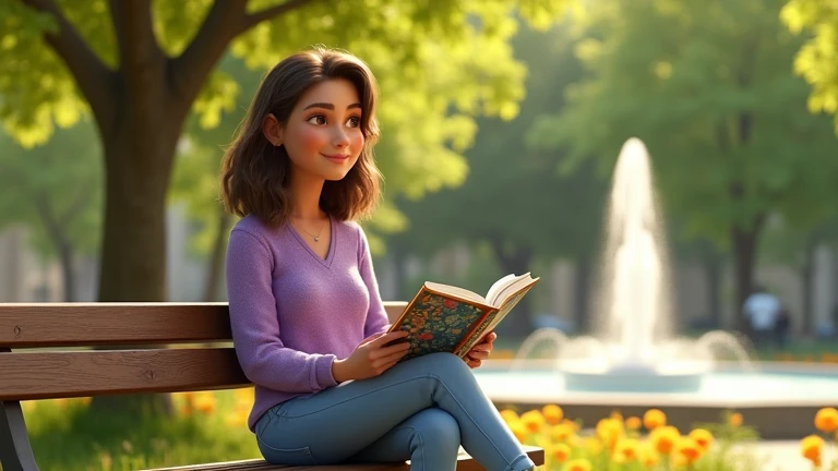 Clara, a young woman with shoulder-length wavy brown hair, large brown eyes, and fair skin, is wearing a lilac wool-textured shirt, light blue jeans, and white sneakers. She is sitting on a wooden bench in the park, surrounded by trees with vibrant green l...