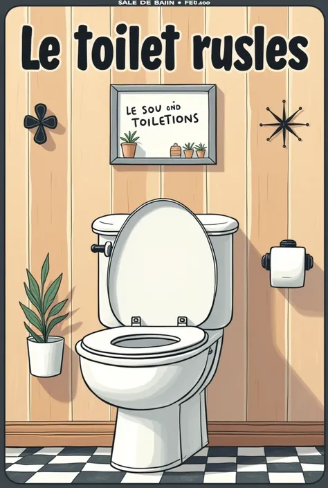 Créez une affiche humoristique pour les règles des toilettes, avec un design moderne et chaleureux. Utilisez un fond mêlant des tons de bois naturel et des touches noires élégantes. Ajoutez une touche dhumour dans les éléments graphiques, comme des dessins...