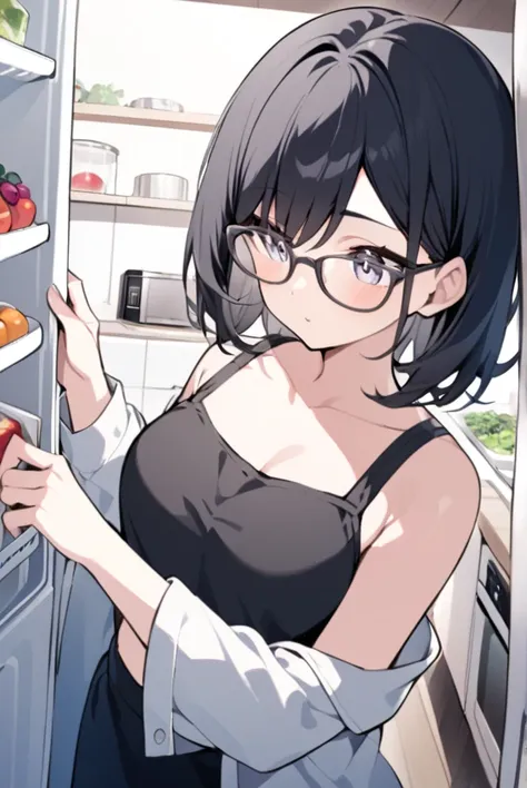 Girl with black hair, glasses, kitchen, refrigerator, opening the refrigerator and looking inside