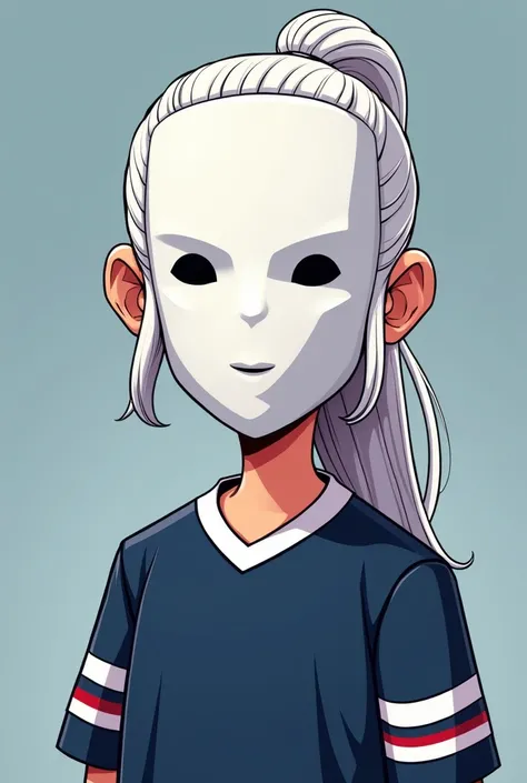 Avatar cartoon style ,, mens long white hair tied behind, white mask all over the face, two eye holes  ,  dark blue and white team jersey  