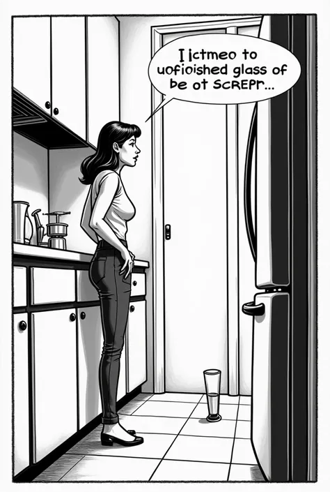 "A black-and-white comic-style

The woman enters the kitchen to find the water still half-filled in the cup, with a speech bubble from her