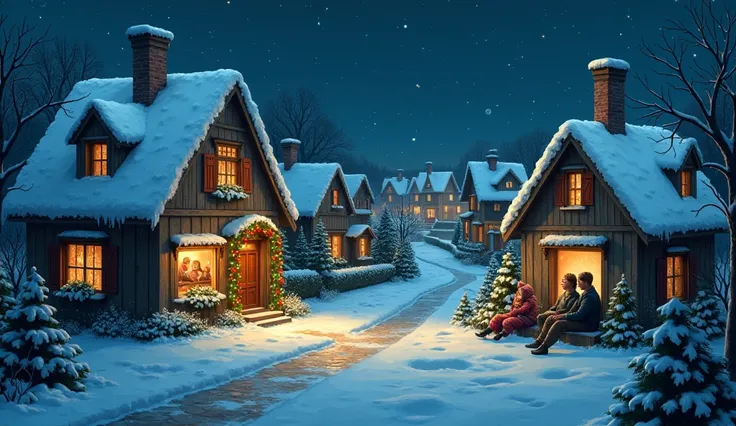 A festive snowy village at Christmas night, with houses decorated with colorful lights and families seen through the windows celebrating together. In one house, through a frosted window, the silhouette of a young boy sitting alone is visible, creating a co...