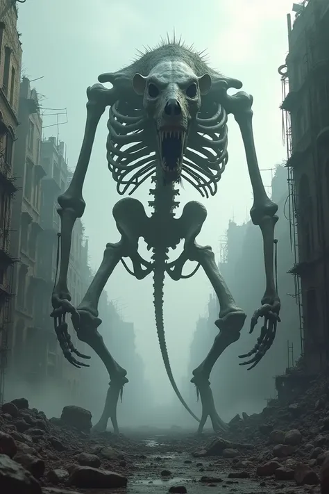 Skeleton of a giant rat,five meters high,  Destroyed City Background , fantasy world