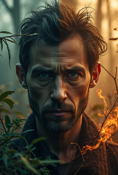 Image divided into two halves , In the first half you add two men surrounded by plants and trees ,  in the other half you add a man with a serious and sinister look and surrounded by burned plants and trees