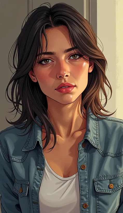 DISCREET image. with discreet casual clothes. adult image, american woman. 
 comic book style. She is serious and thoughtful. IMAGES WITH VIBRANT COLORS. FOCUS ON THE FACE.