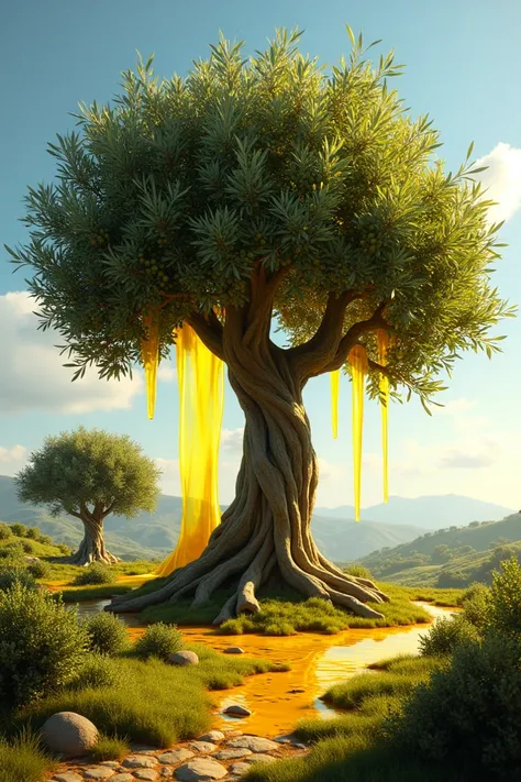 I would like you to create an image where there is an olive tree with many fruits and where a lot of olive oil flows through its branches and next to that tree also another olive tree but smaller with its fruit and less oil