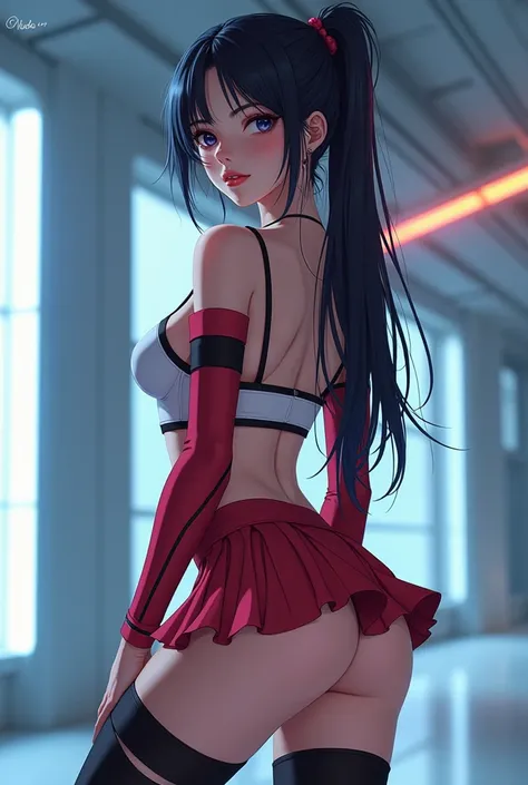 Create a very future and very bold anime-style woman with her sexy student style clothes and her very short skirt showing off her ass and legs with her hammock style thigh-high stockings 