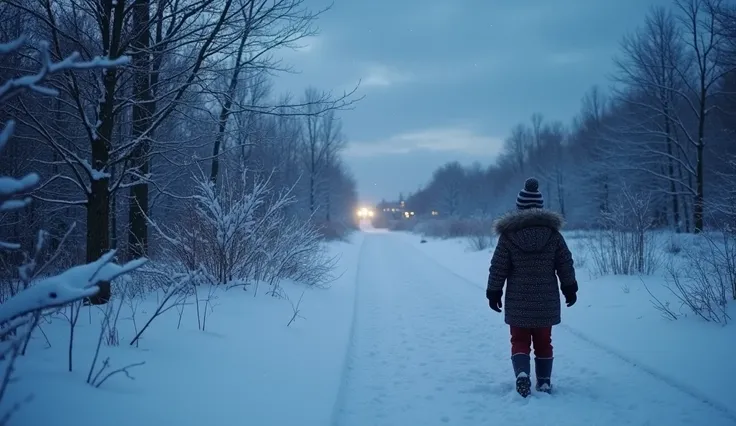 A snowy winter path at night, with a young boy in a heavy coat walking alone through a serene snowy landscape. The path is lined with snow-covered trees, and faint Christmas lights can be seen in the distance. The sky is partially cloudy, revealing a few s...