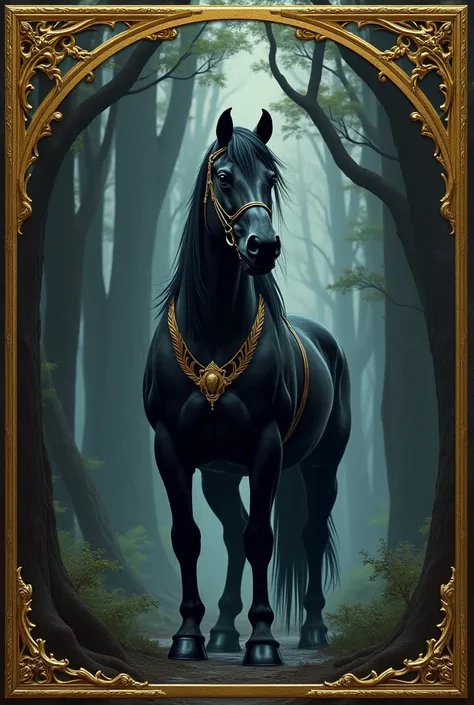 Create a beautiful black horse ,  with a gold frame and reins,  in the background, set a tall and impressive dark forest  