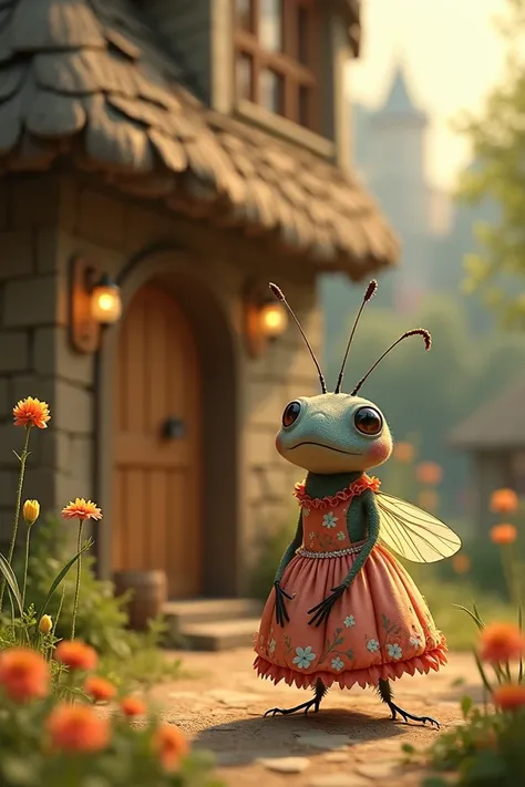 An insect village scenario for ren ,  to add a pretty cockroach with a flowery dress,  in front of their little house waiting for their boyfriend  