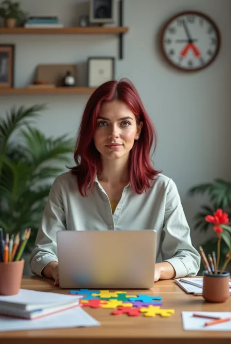  image of a woman with dark red hair at shoulder height,  brown eyes , 35 years old, working in an office, With colors and symbols of Autism puzzle around
