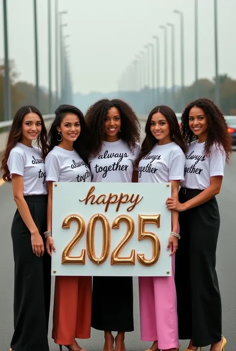  
6 beautiful women , holding a board with the inscription " Happy 2025" beautiful letters , on the highway ,  dressed in matching shirts, round neck, Written " Always together  " , They are well-groomed  , with heels  , and jewelry, with long skirts and p...