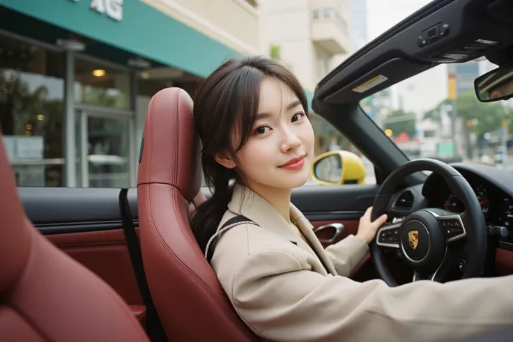 A 28-year-old female CEO wearing high-end fashion clothes from a subjective perspective, smiling cutely. Sitting in the drivers seat of a convertible Porsche 718 with a burgundy interior. Wearing a seat belt. At a traffic light at a Miami street intersecti...