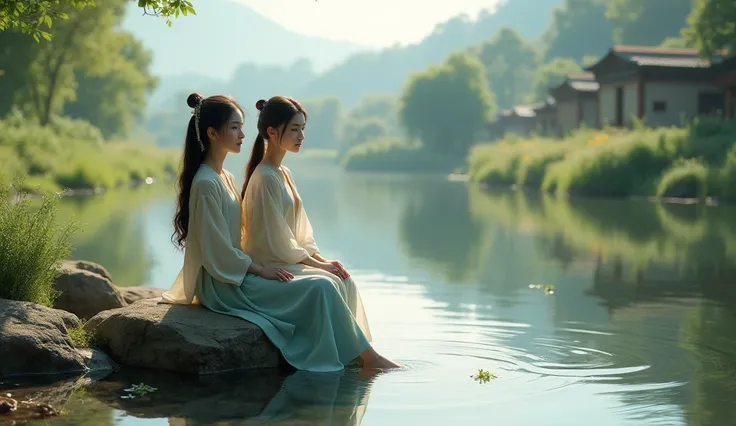 Beautiful village girl with handsome woman sitting on a rock both by the river