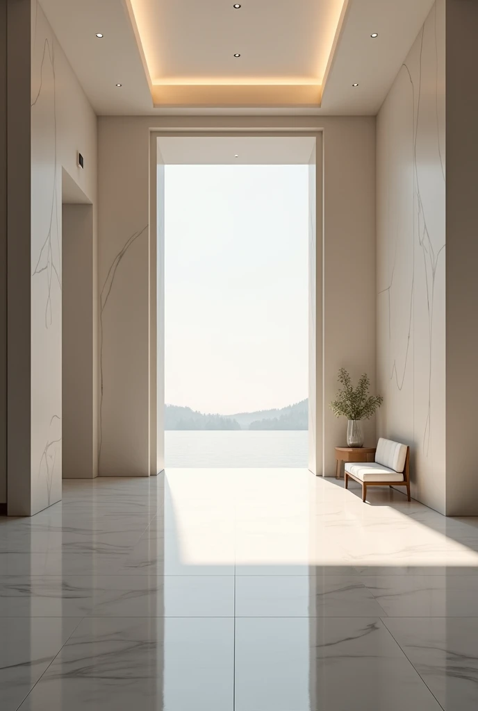 lobby / lobby or museum reception with a waiting room on the right side and a door on the left side looking at it from the front ( that is horizontal ) and a large space with a minimalist style 