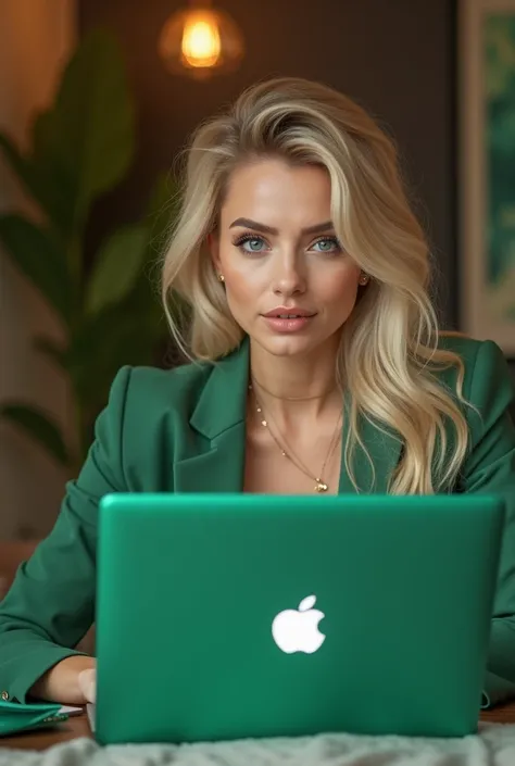 "A realistic depiction of a blonde woman with striking blue eyes and beautiful hair, sitting in a trendy room with green accents similar to those popular on TikTok. She is focused, working on a laptop with a marketing platform open on the screen, her expre...