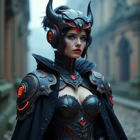 A beautiful young woman, corset, armor without helmet, neon details, RGB lights on robe, HUD visor on, cyberpunk details,highly detailed gothic macabre headpiece, control panel wrist, holographic badge, / medieval castle, magic circles, / fierce and horny ...