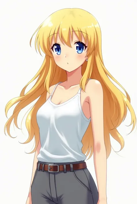 anime girl with long blonde hair, blue eyes, wearing tucked-in white tank top and grey pants with belt