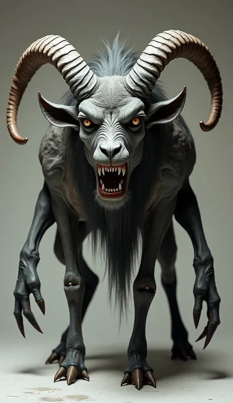 "A hyper-realistic depiction of a creature with a demons head, featuring four goat-like legs attached around the head. The demons face is fierce and snarling, with sharp, curling horns on each side, but no eyes are glowing, only dark, black eyes. The creat...