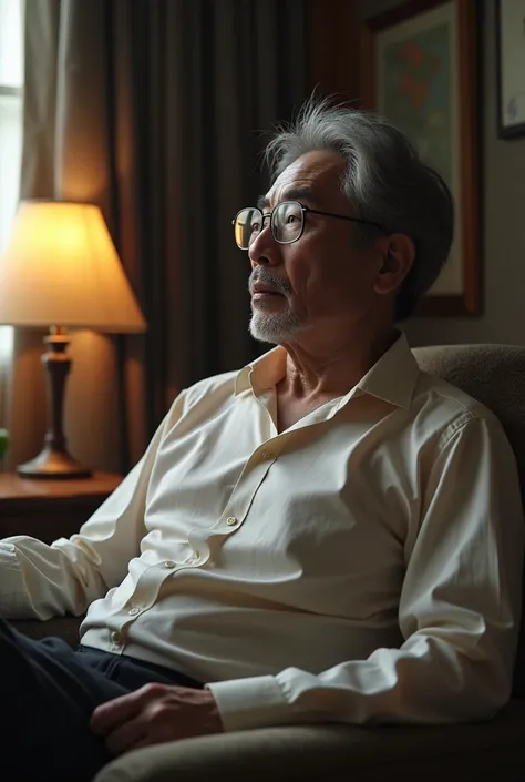 A Korean man in his 50s wearing glasses is watching an interview1:1 Ratio　 gentle soft lighting ，masterpiece， best quality ， 8K HD Streaming， dslr camera， film grain ，Fujifilm XT3 realistic painting art by Midjourney and Greg Rutkowski　whole body, Hairy bo...