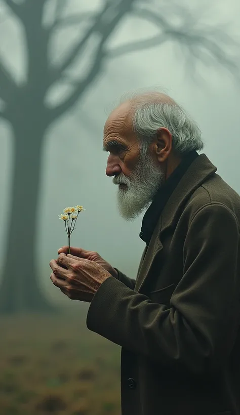 An old man with a flower in his hands and looking at a blurry tree in the back.