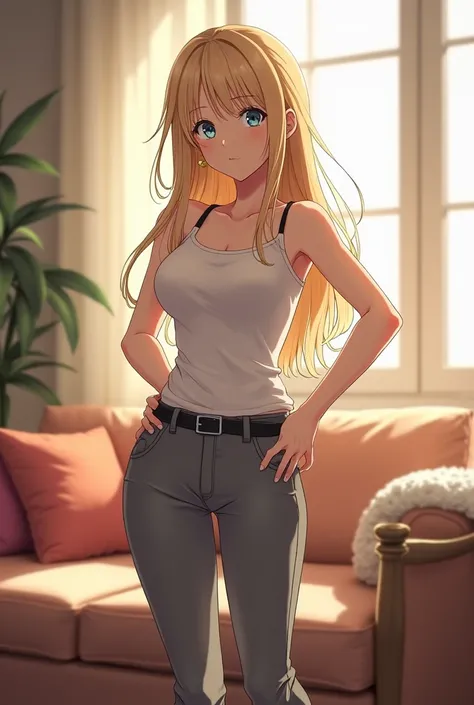 anime girl with long blonde hair, blue eyes, wearing tucked-in white tank top and grey pants with belt, black sneakers, standing in living room, one hand on hip 