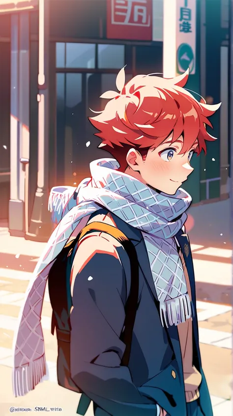 comedy anime style, one boy, male , cute, scarf, school uniform, face blushed, walking on a street, red hair color, looking around