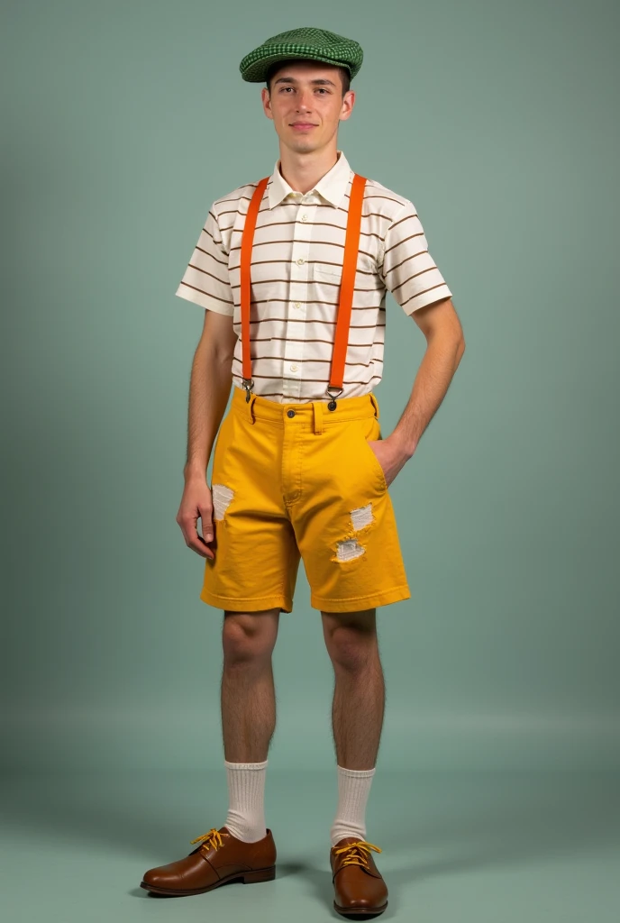 A man characterizing himself as an  boy wearing a white shirt with horizontal brown stripes, an orange suspender and yellow shorts, all ripped and patched up, wearing a brown dress shoe with yellow laces, characterized by placing false freckles on his face...