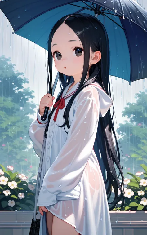 masterpiece,best quality,ultra-detailed,super detailed skin,perfect anatomy,detailed,beautiful detailed eyes,long hair,forehead,straight hair,black hair,black eyes,(loli),(small),flat chest,rain、umbrella、 Scenery,