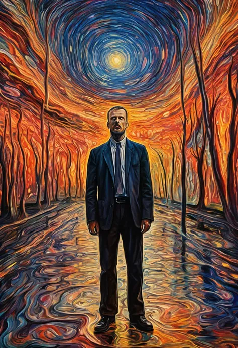 Edvard Munch style oil painting, psychedelic art (drdjns style), a man in a state of delirium, 8k, hdr, masterpiece