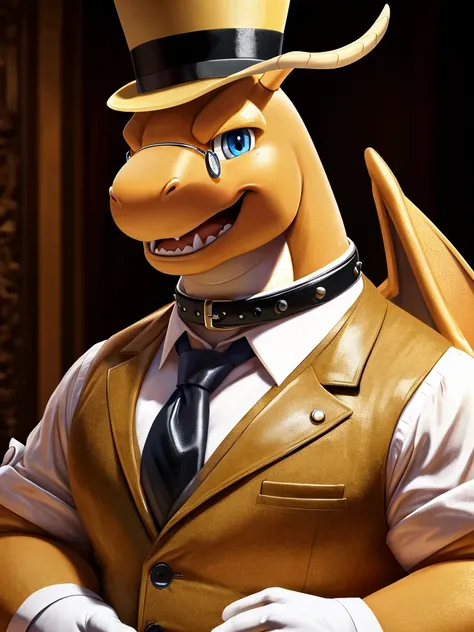 Solo, close up, Male, fat, extremely obese, gentleman, dapper Professor Dragonite, blue eyes, wearing a top hat, wearing a glossy leather collar, wearing the leather collar and necktie at the same time, (posing:1.3), (soft shading), 4k, hi res, ((detailed ...