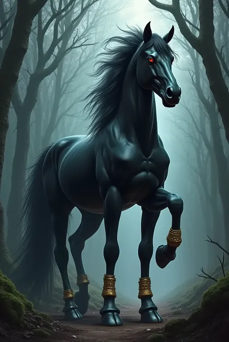 Create a beautiful black horse from hell , tall and impressive long hair with gold reins,  in the background, set a tall and impressive dark forest . MAKE IT REALISTIC 