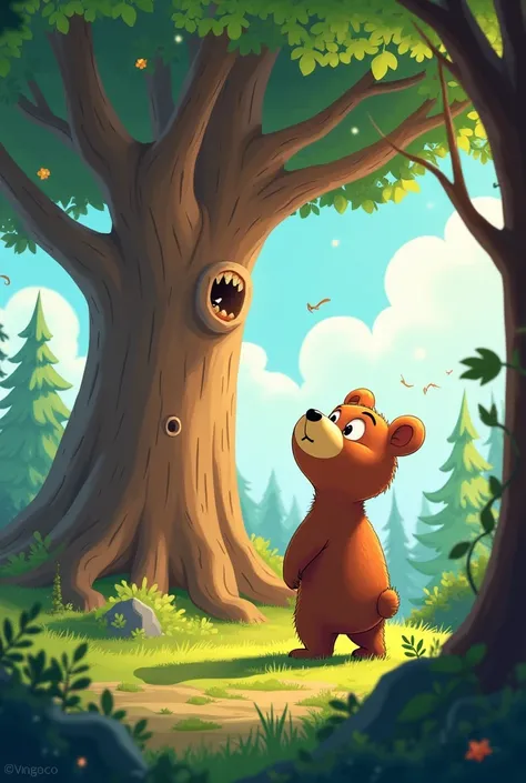 Do Draw in a magic cartoon style of a bear looking at an oak 