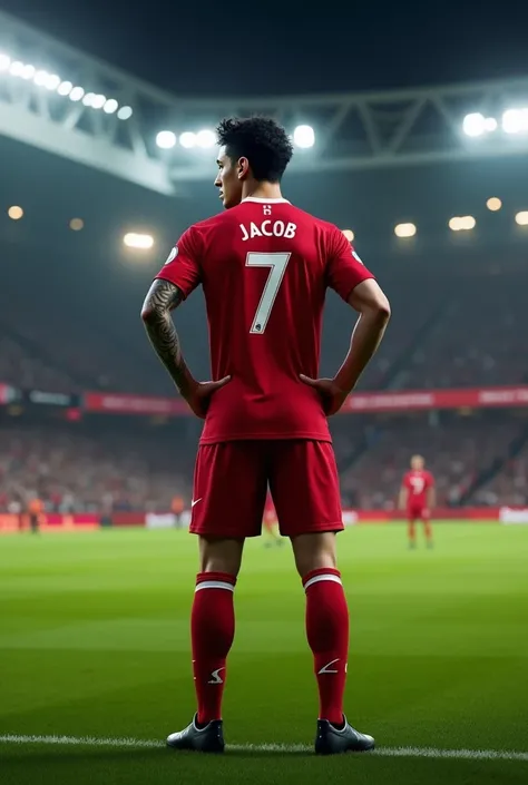 Liverpool player , man 24 years old, black wavy hair,  has a tattoo on his arm, perfect nose, Eclectic physique , strong arms.  He wears Liverpools red 2024 uniform, Number 7 on the jersey and name "Jacob" of the uniform, black nike boots.  Stands on a soc...