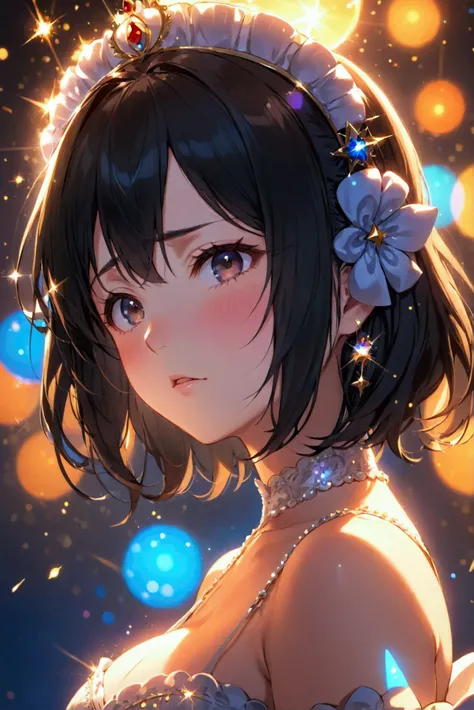  1 girl,  blush,  black hair,  Headpiece,  Big Breasts , Awkward,  Dutch angle , Sparkle effect, anime, 