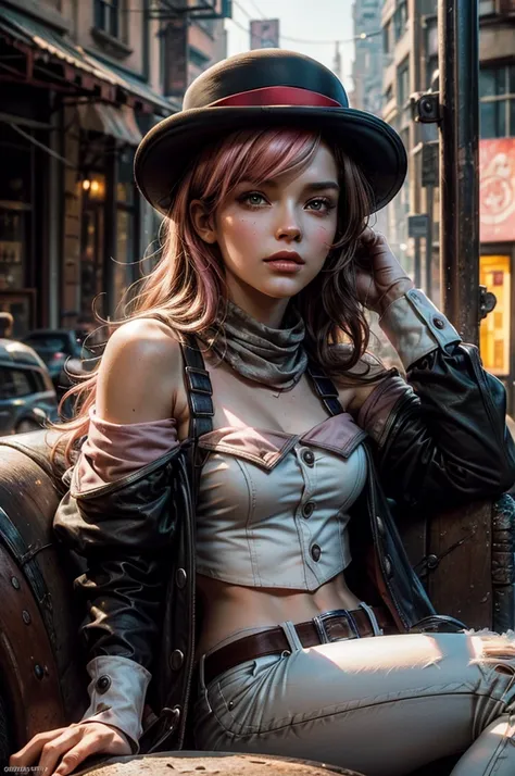 pink and brown hair, multicolored hair, neopolitanatlas, bowler hat, grey scarf, white gloves, white shirt, off-shoulder shirt, black sleeves, midriff, white belt, white pants, outdoors, post apocalyptic scene, future urban, cityscape, fountain in ruins, d...