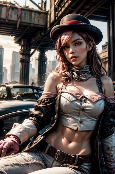 pink and brown hair, multicolored hair, neopolitanatlas, bowler hat, grey scarf, white gloves, white shirt, off-shoulder shirt, black sleeves, midriff, white belt, white pants, outdoors, post apocalyptic scene, future urban, cityscape, fountain in ruins, d...