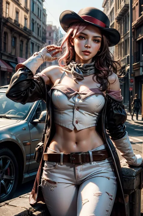 pink and brown hair, multicolored hair, neopolitanatlas, bowler hat, grey scarf, white gloves, white shirt, off-shoulder shirt, black sleeves, midriff, white belt, white pants, outdoors, post apocalyptic scene, future urban, cityscape, fountain in ruins, d...