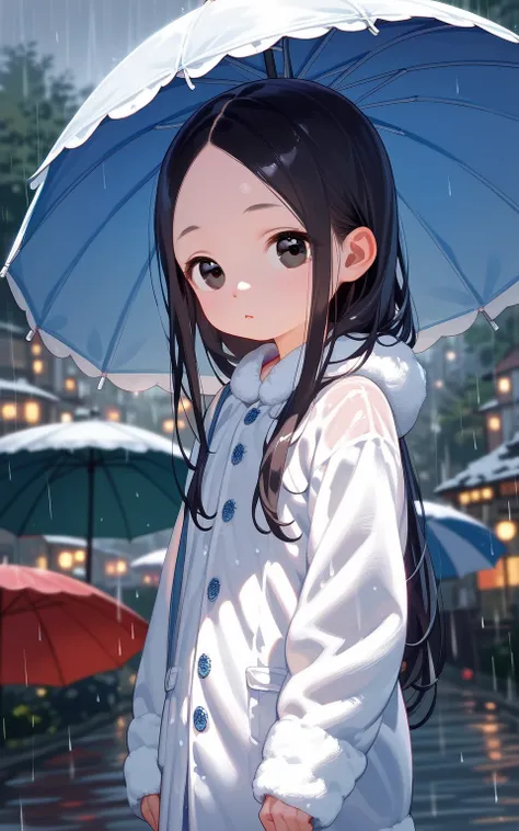 masterpiece,best quality,ultra-detailed,super detailed skin,perfect anatomy,detailed,beautiful detailed eyes,long hair,forehead,straight hair,black hair,black eyes,(loli),(small),flat chest,rain、umbrella、 Scenery、Winter Clothing