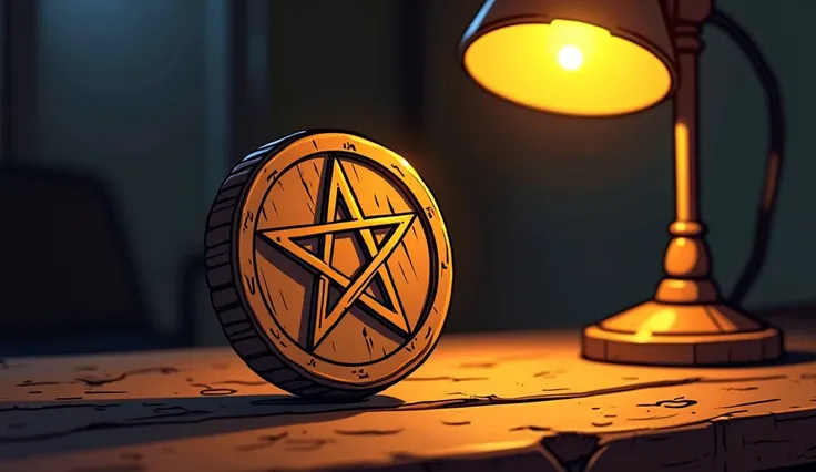 In the style of the video game The Cult Of The Lamb , Make a coin in the cartoon illustration style ,  with black lines not so wide , but not so thin .  made of wood that has a satanic star in the middle .  make the coin stand on a table and only the coin ...