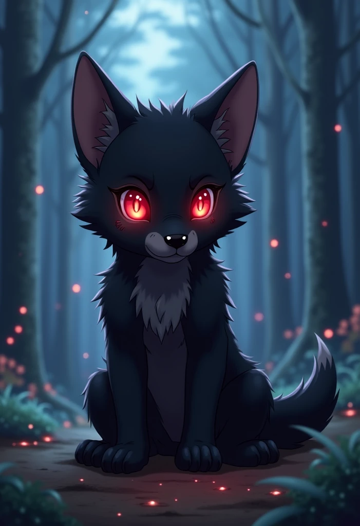  A young black wolf cub with striking and intense red eyes, portrayed in the anime style . The baby wolf has a smooth, shiny coat with some scars  ,  with a slightly mischievous and curious expression .  The background is a mystical forest in the twilight ...