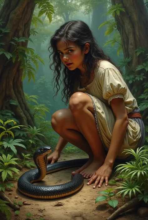 Snake stinging the foot of a mixed-race girl in the woods in the 1600s