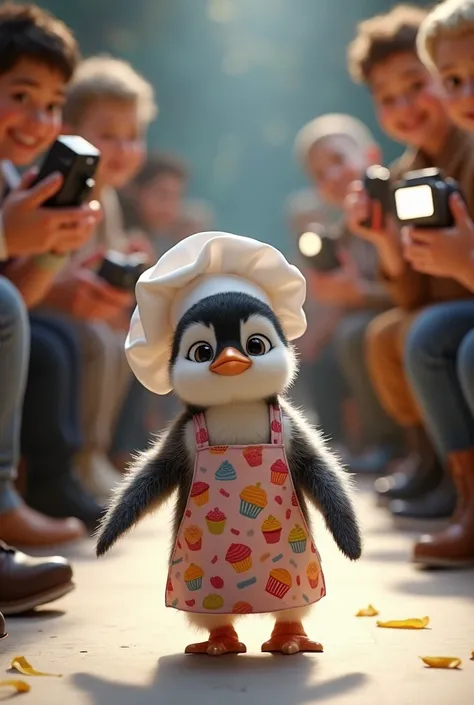 A baby penguin wearing a white chef’s hat and an apron decorated with cupcake patterns. It waddles adorably down the runway as the audience and photographers watch in delight. hiper realistic, 