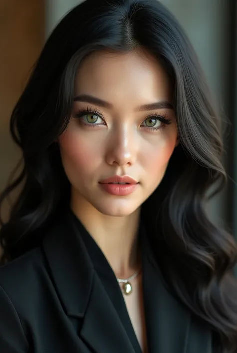 Attractive adult woman with black hair ,  white skin ,  green eyes, pink cheeks with formal attire and small gray hair pelo largo y liso, realista