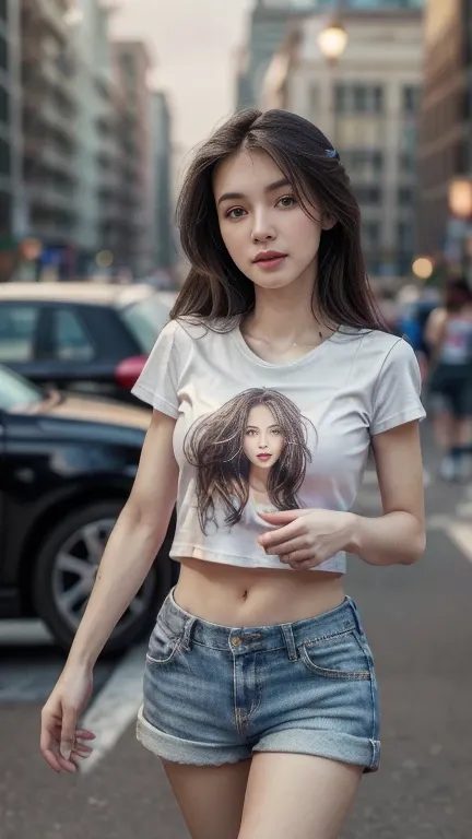 Beautiful Girl, whole body :1.1, no make up, bare face, ((small breasts, firm proportion :1.1)), ((detailed pallette color tshirts, short pants, :1.2)), slim abs, detailed eyes, flirty eyes, 1girl, ((hyper realistic, masterpiece, hyper detailed, 8k  :1.3))...